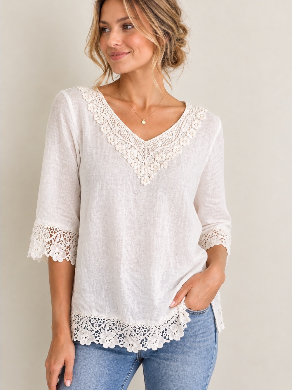 Made in Italy Linen Women's Cream Crochet Trim V-Neck Tunic